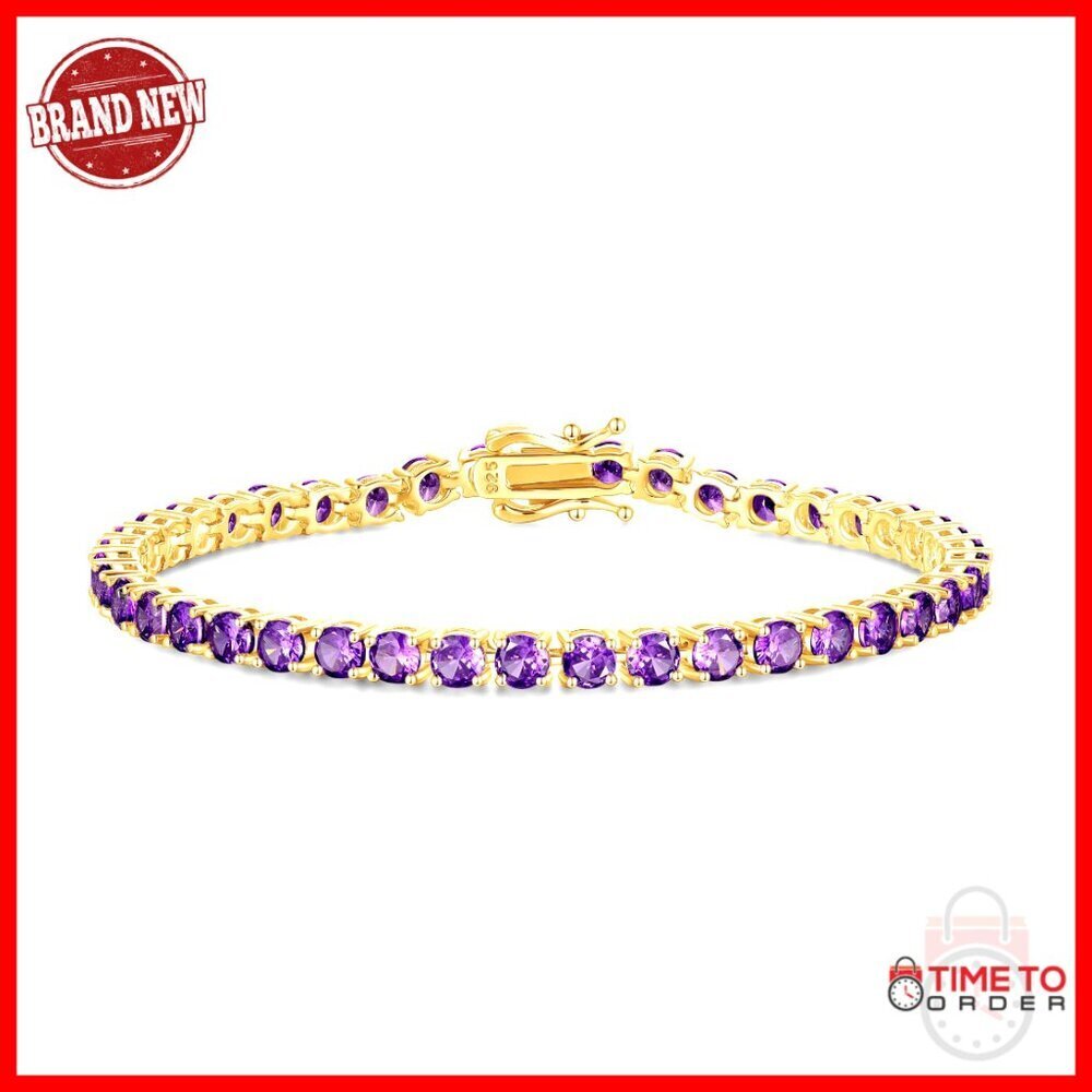 Sterling Silver Tennis Bracelet 7.5 Inch 14K Gold Plated Amethyst